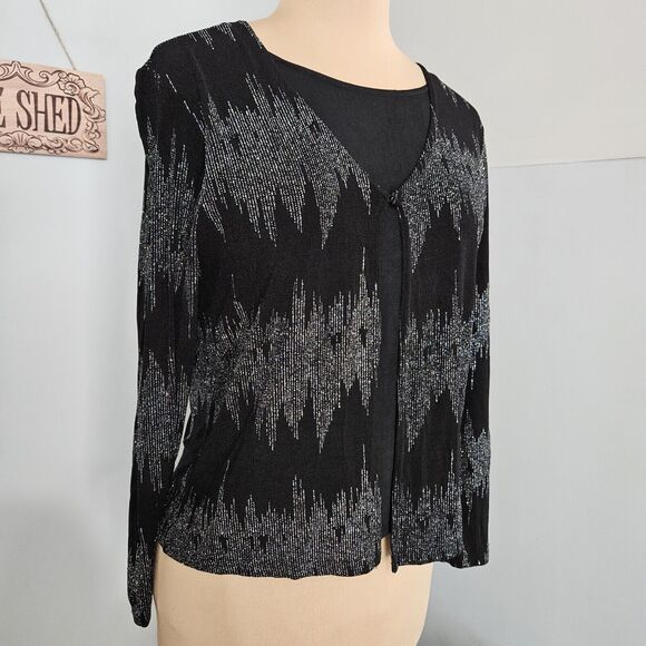 Western Connection Twofer Top Womens Medium Black Silver Metallic Festive Bling - Picture 3 of 14